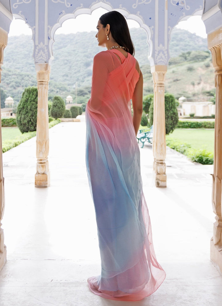 Pink And Blue Shaded Chiffon Pre - Draped Saree Geroo Jaipur - Fabilicious Fashion