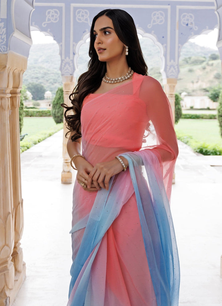 Pink And Blue Shaded Chiffon Pre - Draped Saree Geroo Jaipur - Fabilicious Fashion