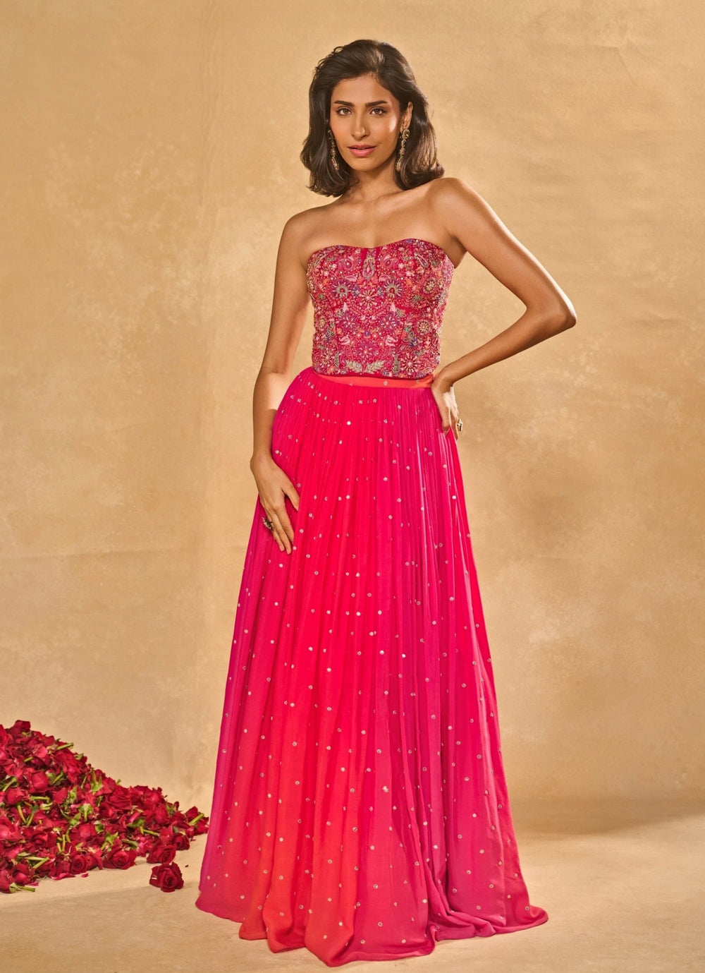 Pink And Coral Georgette Lehenga With Corset Chamee and Palak - Fabilicious Fashion