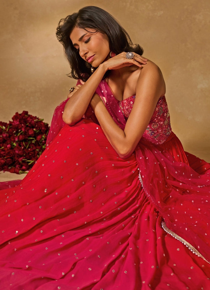 Pink And Coral Georgette Lehenga With Corset Chamee and Palak - Fabilicious Fashion