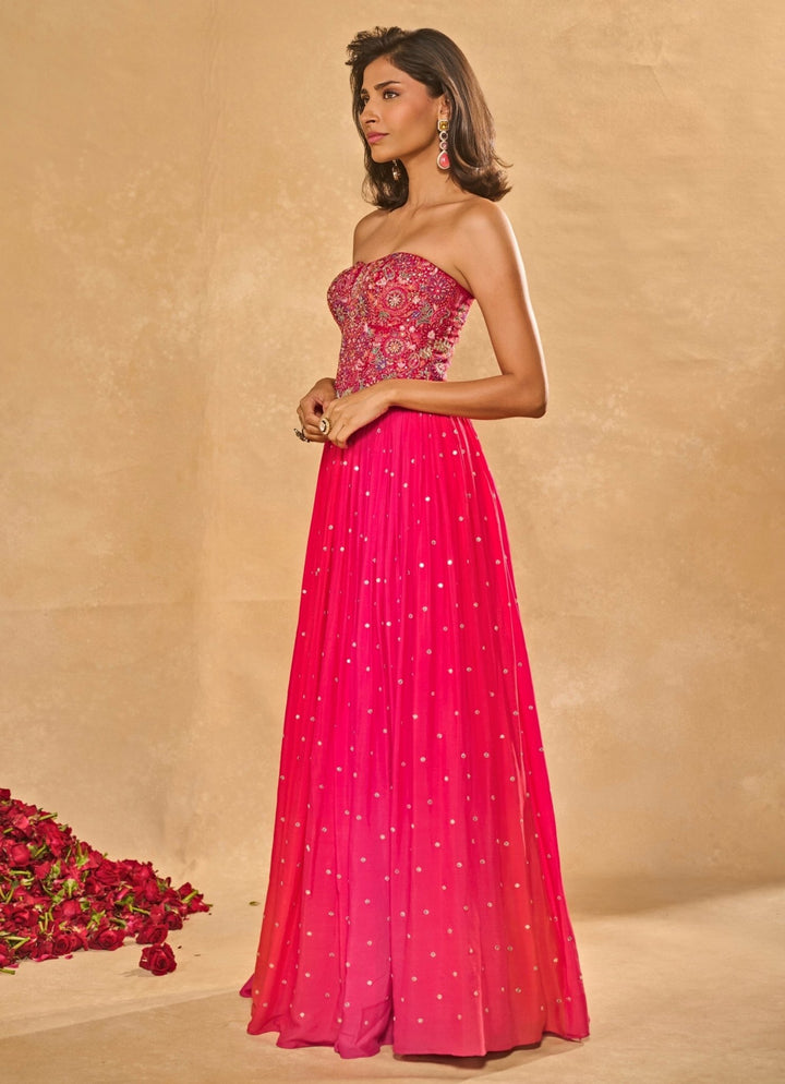 Pink And Coral Georgette Lehenga With Corset Chamee and Palak - Fabilicious Fashion