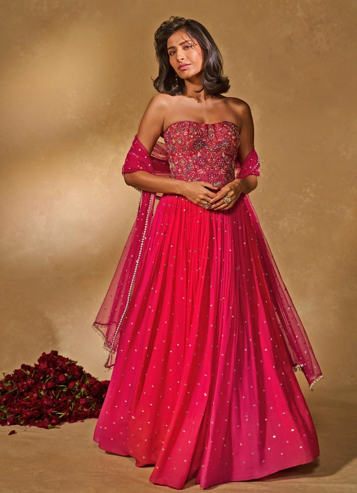 Pink And Coral Georgette Lehenga With Corset Chamee and Palak - Fabilicious Fashion
