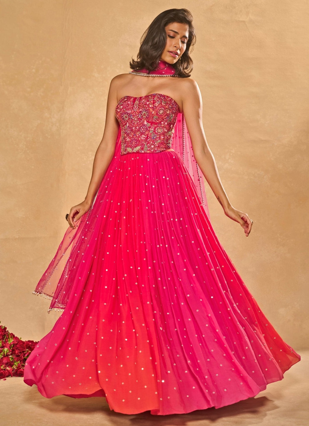 Pink And Coral Georgette Lehenga With Corset Chamee and Palak - Fabilicious Fashion