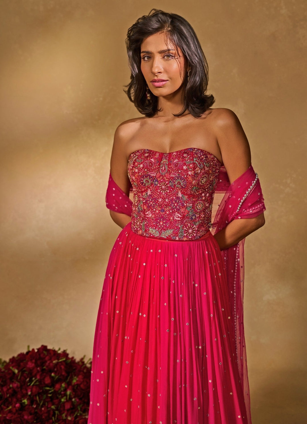 Pink And Coral Georgette Lehenga With Corset Chamee and Palak - Fabilicious Fashion