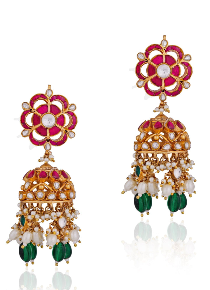 Pink and Emerald Stone Floral Choker Necklace set Riana by Shikha Jindal - Fabilicious Fashion