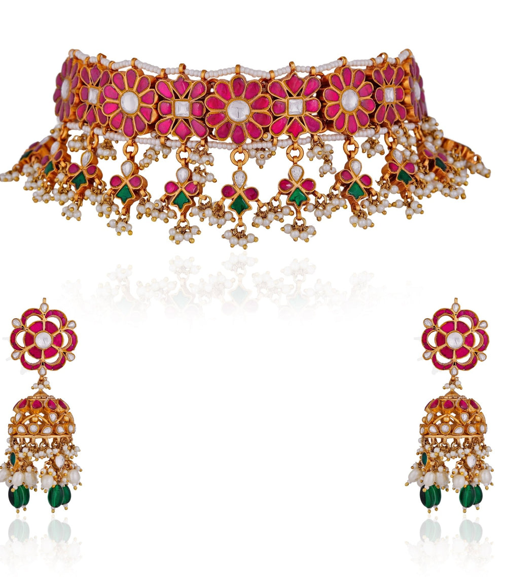 Pink and Emerald Stone Floral Choker Necklace set Riana by Shikha Jindal - Fabilicious Fashion