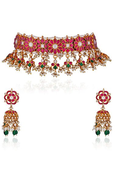 Pink and Emerald Stone Floral Choker Necklace set Riana by Shikha Jindal - Fabilicious Fashion