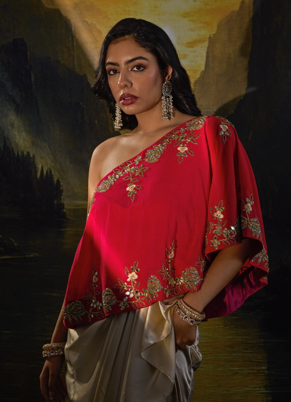 Pink And Gold Embroidered Top And Draped Skirt Set Rashika Sharma - Fabilicious Fashion