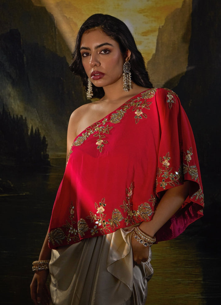 Pink And Gold Embroidered Top And Draped Skirt Set Rashika Sharma - Fabilicious Fashion