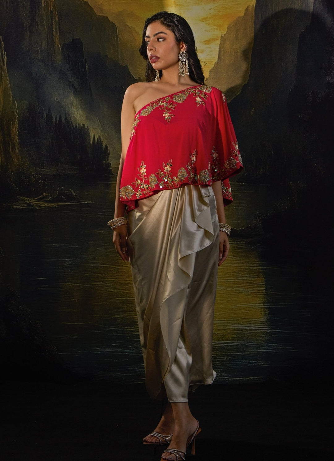 Pink And Gold Embroidered Top And Draped Skirt Set Rashika Sharma - Fabilicious Fashion