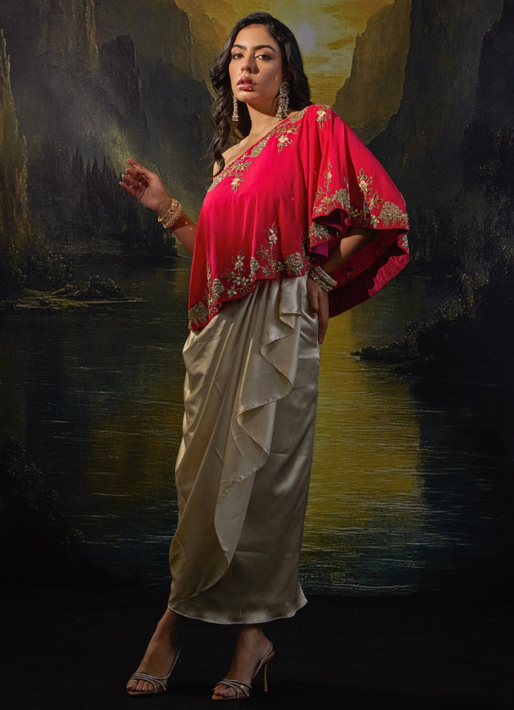 Pink And Gold Embroidered Top And Draped Skirt Set Rashika Sharma - Fabilicious Fashion