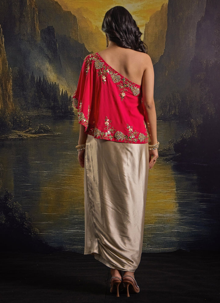 Pink And Gold Embroidered Top And Draped Skirt Set Rashika Sharma - Fabilicious Fashion