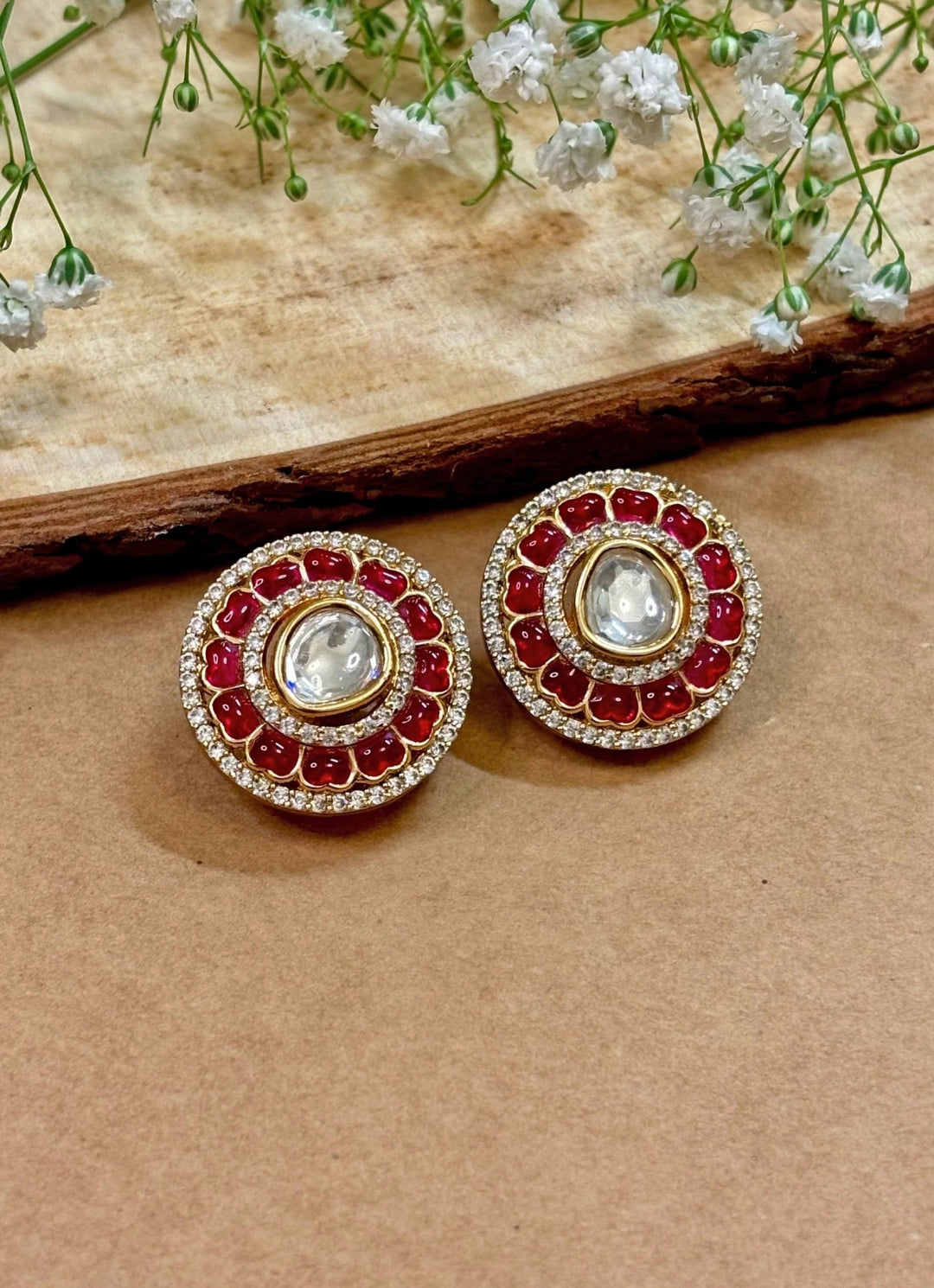 Naymee Pink And Gold Polki Stud EarringsFabilicious Fashion
