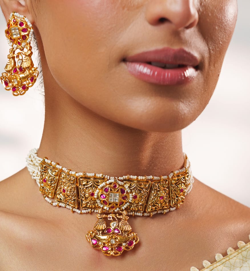 Pink And Gold Temple Motifs Choker Set Zevar by Geeta - Fabilicious Fashion