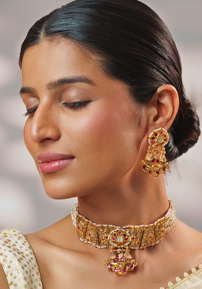 Pink And Gold Temple Motifs Choker Set Zevar by Geeta - Fabilicious Fashion