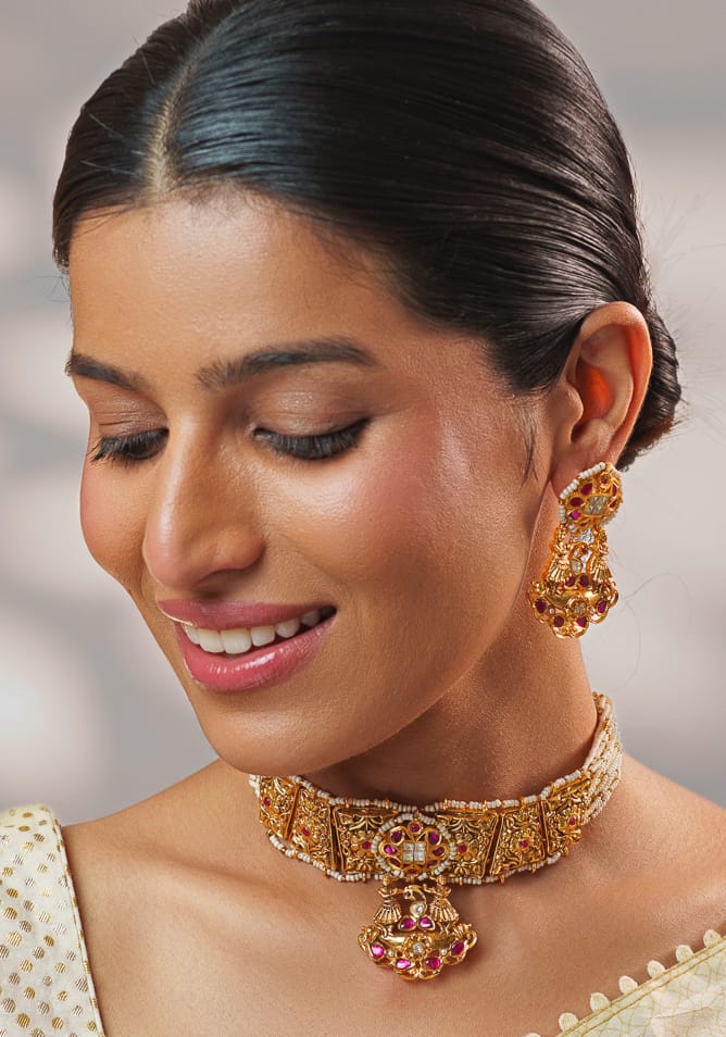 Pink And Gold Temple Motifs Choker Set Zevar by Geeta - Fabilicious Fashion