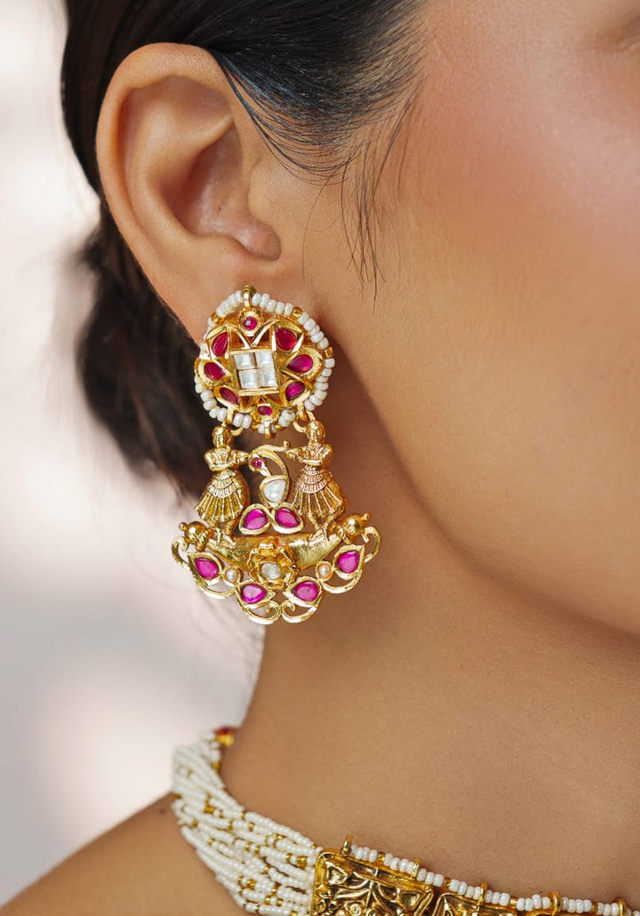 Pink And Gold Temple Motifs Choker Set Zevar by Geeta - Fabilicious Fashion