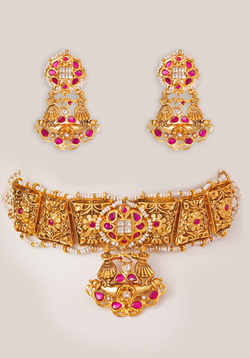Pink And Gold Temple Motifs Choker Set Zevar by Geeta - Fabilicious Fashion