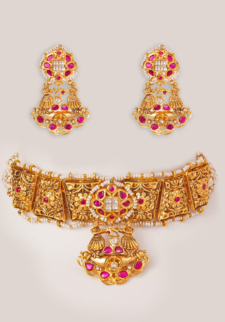 Pink And Gold Temple Motifs Choker Set Zevar by Geeta - Fabilicious Fashion