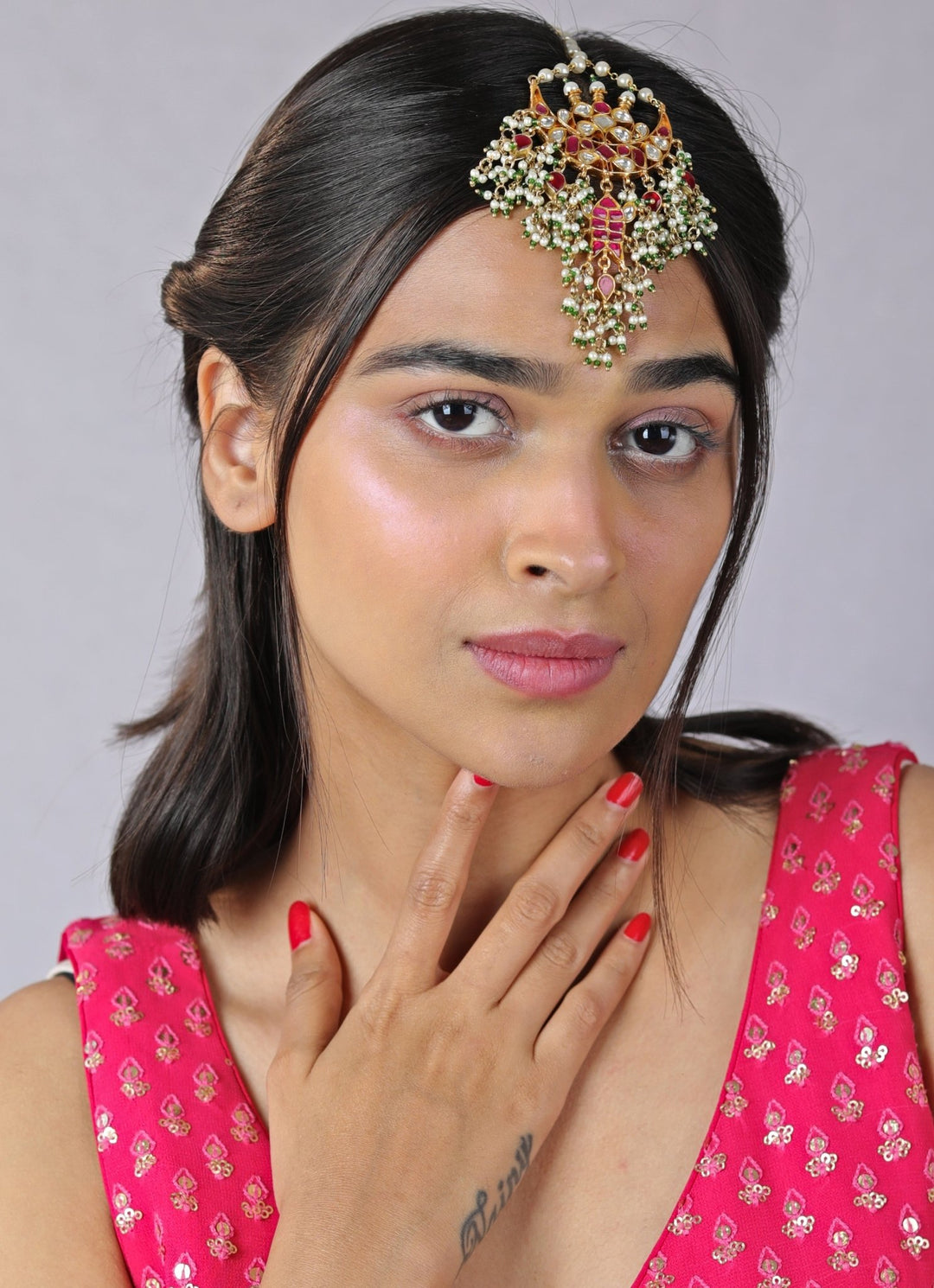 Pink and Green Beaded Bridal Maang Tikka Riana by Shikha Jindal - Fabilicious Fashion