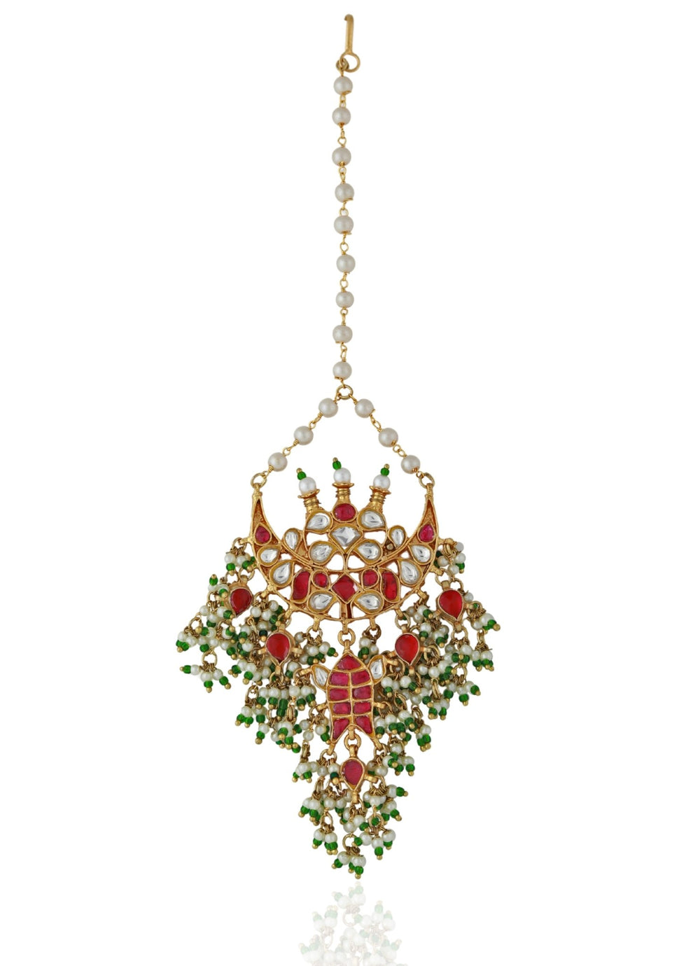 Pink and Green Beaded Bridal Maang Tikka Riana by Shikha Jindal - Fabilicious Fashion