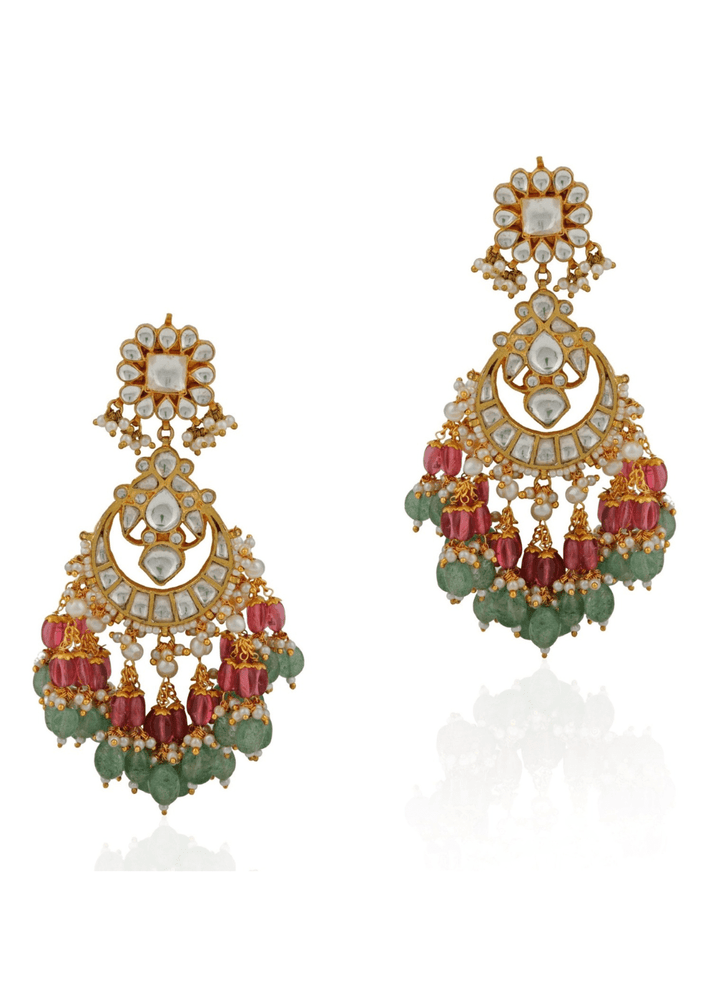 Pink And Green Beaded Long Earrings Riana by Shikha Jindal - Fabilicious Fashion