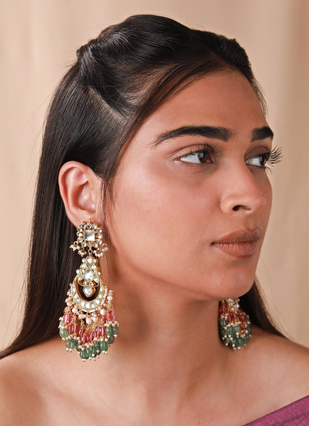 Pink And Green Beaded Long Earrings Riana by Shikha Jindal - Fabilicious Fashion