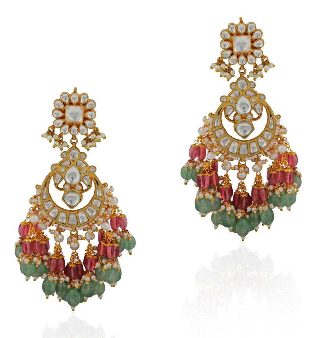 Pink And Green Beaded Long Earrings Riana by Shikha Jindal - Fabilicious Fashion