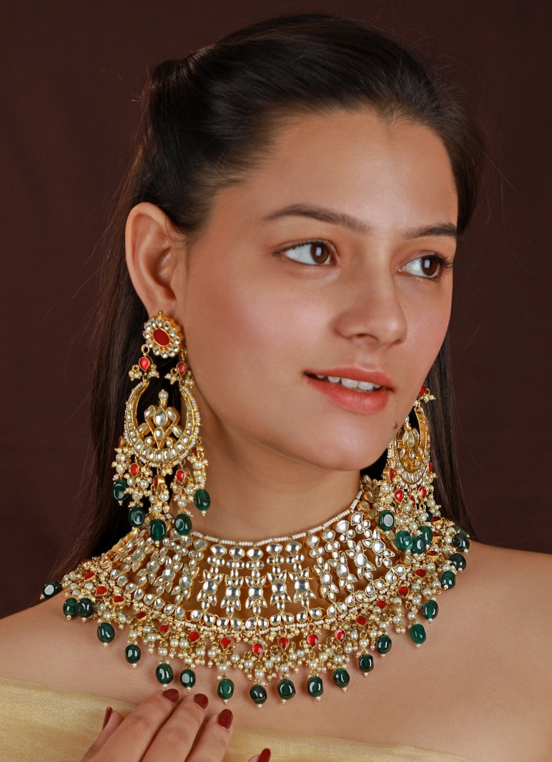 Pink And Green Bridal Necklace Set With Chandbali Earrings Kalyani Indian Jewelry - Fabilicious Fashion