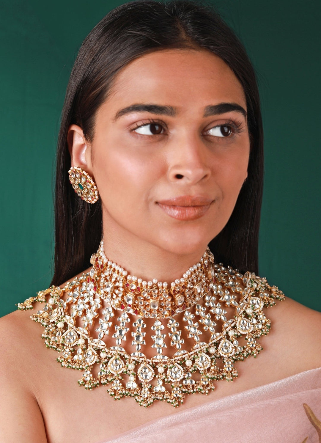 Pink And Green Bridal Necklace With Stud Earrings Riana by Shikha Jindal - Fabilicious Fashion