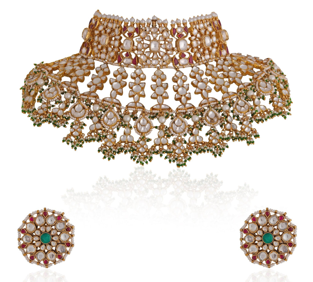 Pink And Green Bridal Necklace With Stud Earrings Riana by Shikha Jindal - Fabilicious Fashion