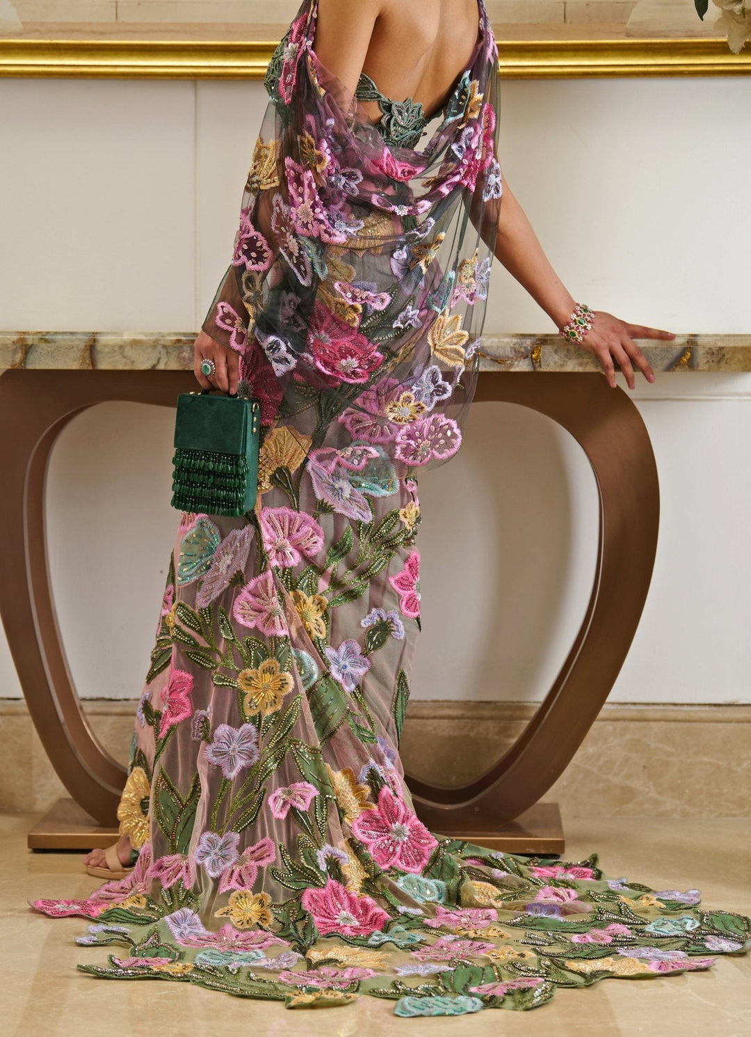 Pink And Green Floral Embroidered And Pre - Draped Net Saree Moledro - Fabilicious Fashion