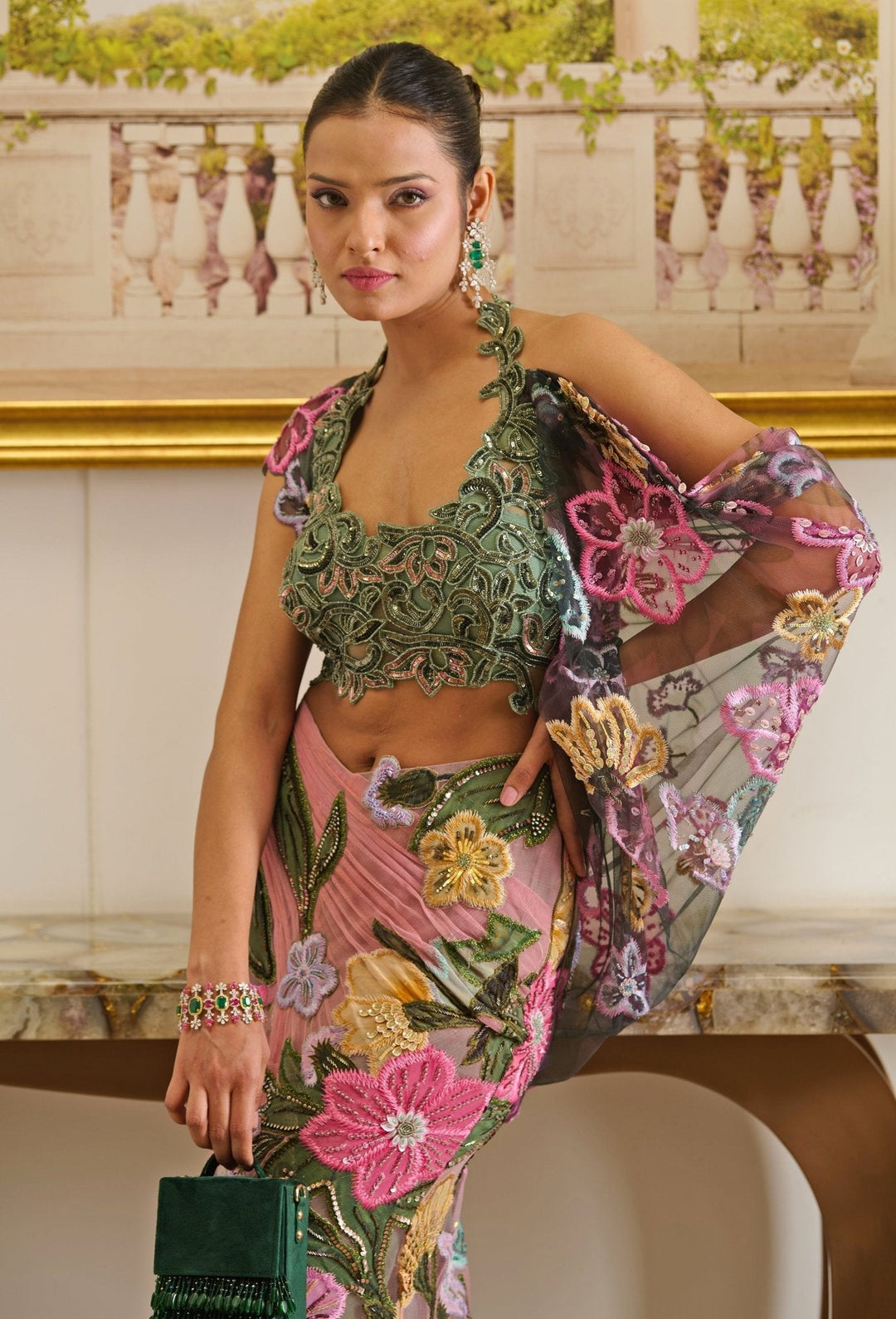 Pink And Green Floral Embroidered And Pre - Draped Net Saree Moledro - Fabilicious Fashion