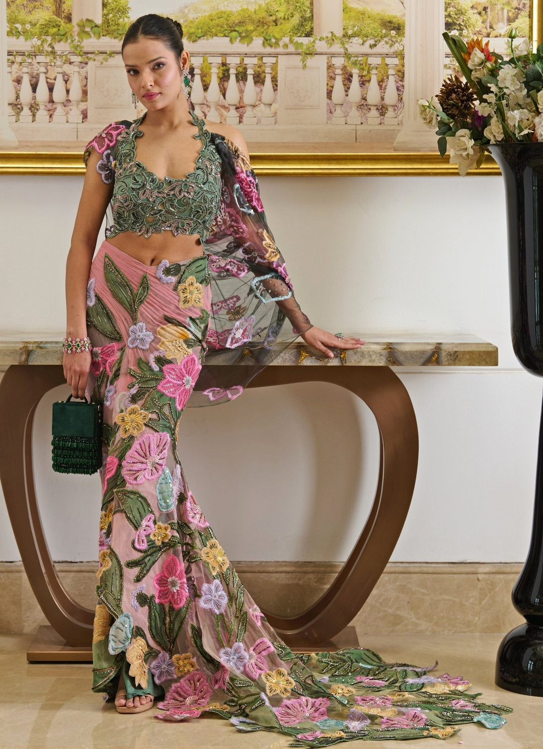 Pink And Green Floral Embroidered And Pre - Draped Net Saree Moledro - Fabilicious Fashion