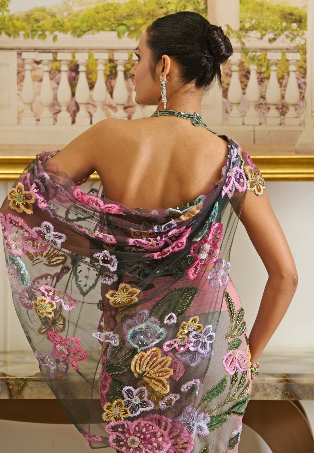 Pink And Green Floral Embroidered And Pre - Draped Net Saree Moledro - Fabilicious Fashion
