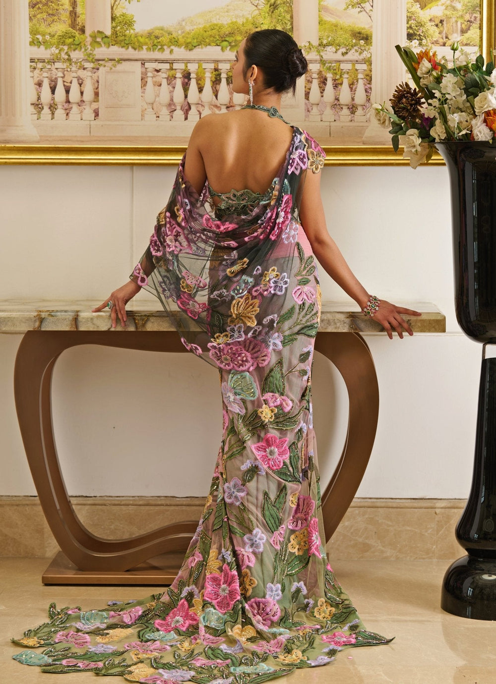 Pink And Green Floral Embroidered And Pre - Draped Net Saree Moledro - Fabilicious Fashion