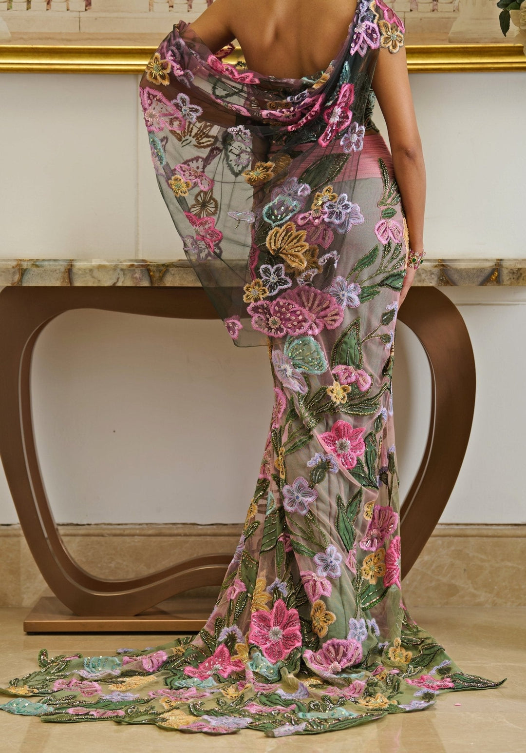 Pink And Green Floral Embroidered And Pre - Draped Net Saree Moledro - Fabilicious Fashion
