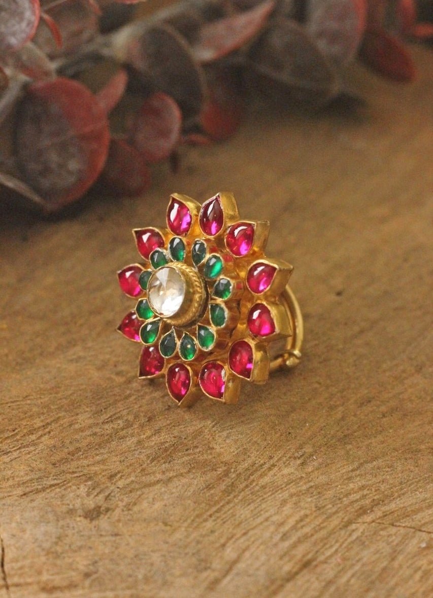 Pink And Green Flower Ring Riana by Shikha Jindal - Fabilicious Fashion