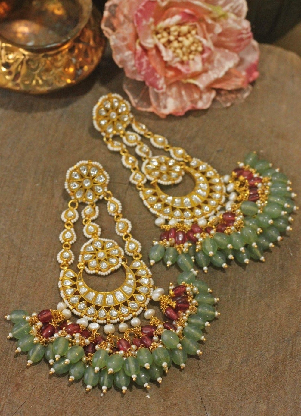 Pink and Green Gold - Plated Dangler Earrings Riana by Shikha Jindal - Fabilicious Fashion