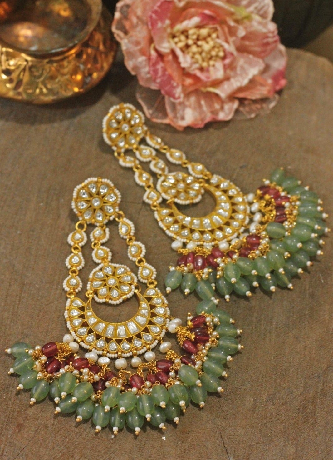 Pink and Green Gold - Plated Dangler Earrings Riana by Shikha Jindal - Fabilicious Fashion