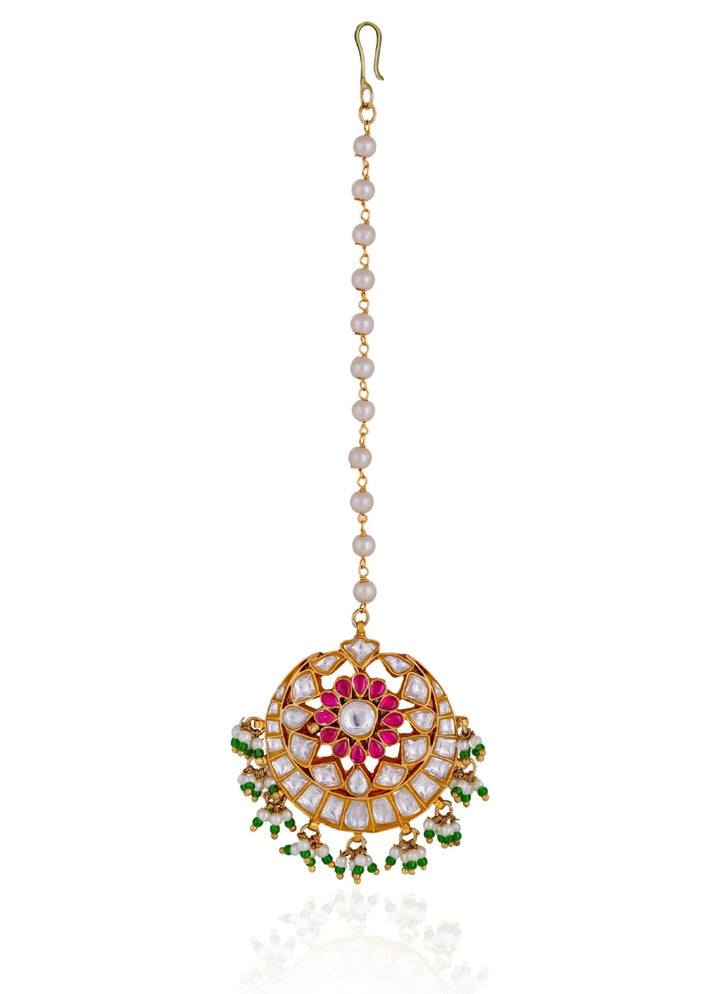 Pink and Green Gold - Plated Maang Tikka Riana by Shikha Jindal - Fabilicious Fashion