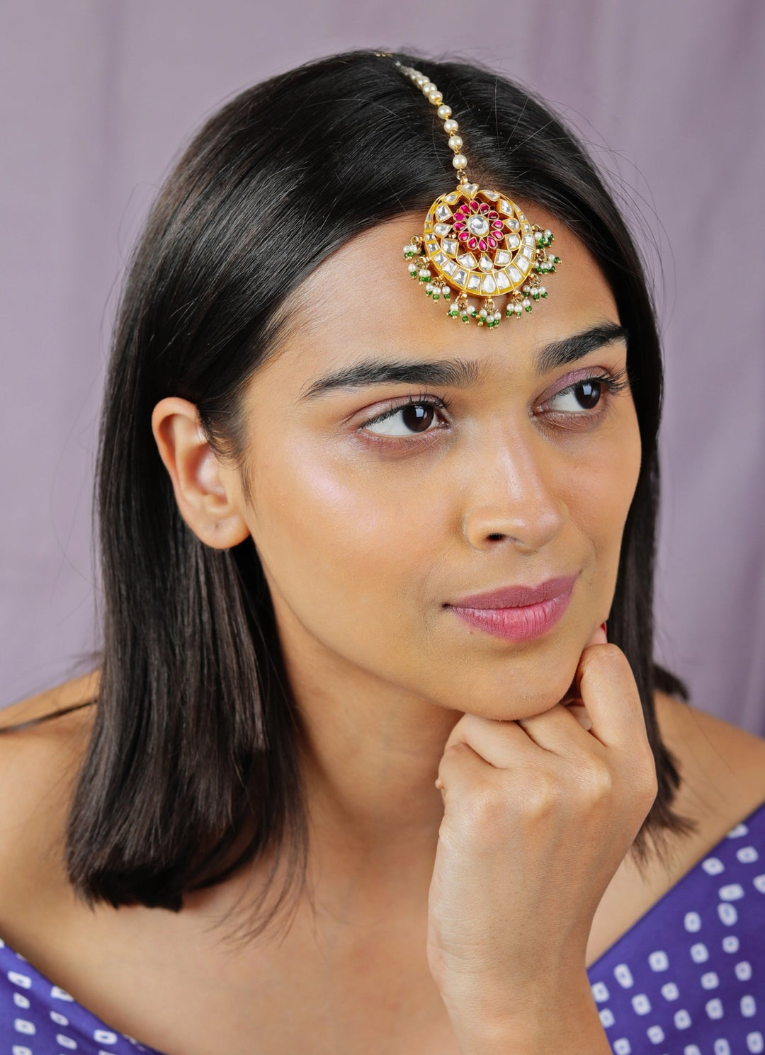 Pink and Green Gold - Plated Maang Tikka Riana by Shikha Jindal - Fabilicious Fashion