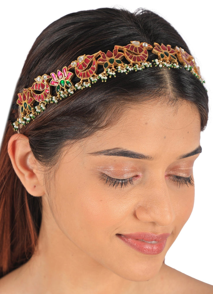 Pink and Green Jadtar Stone Mathapatti Riana by Shikha Jindal - Fabilicious Fashion