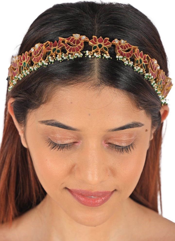 Pink and Green Jadtar Stone Mathapatti Riana by Shikha Jindal - Fabilicious Fashion