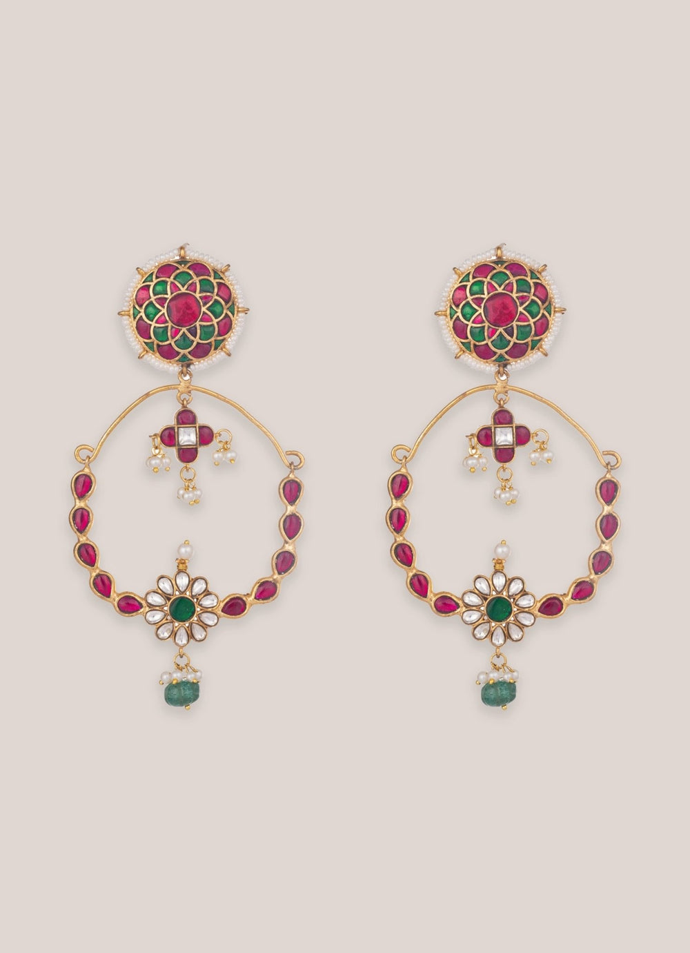Pink And Green Kundan Gold Finish Chandbaali Zevar by Geeta - Fabilicious Fashion