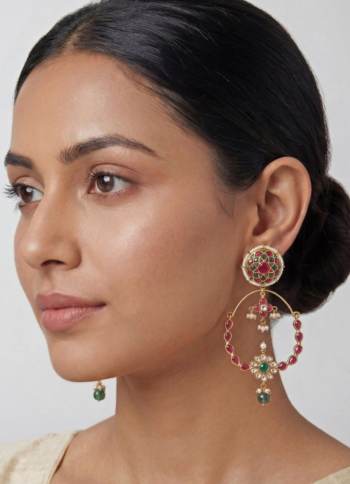 Zevar by Geeta Pink And Green Kundan Gold Finish ChandbaaliFabilicious Fashion