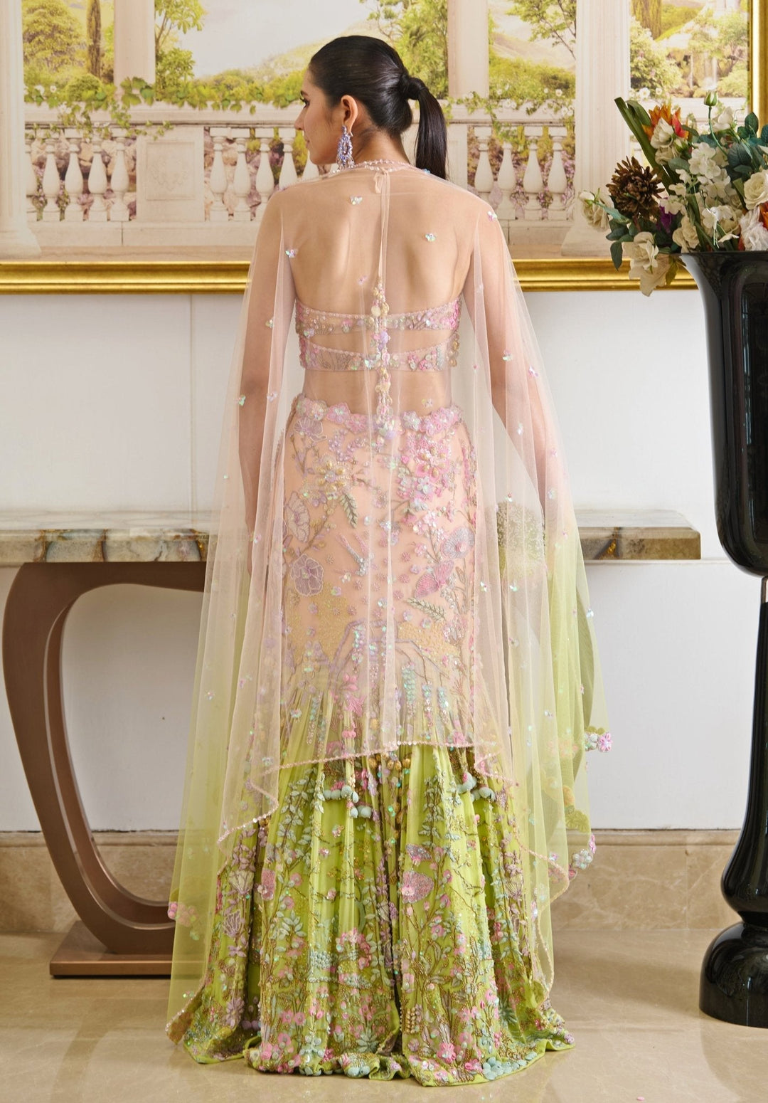 Pink And Green Ombre Embroidered Mermaid Lehenga Set Moledro - Fabilicious Fashion