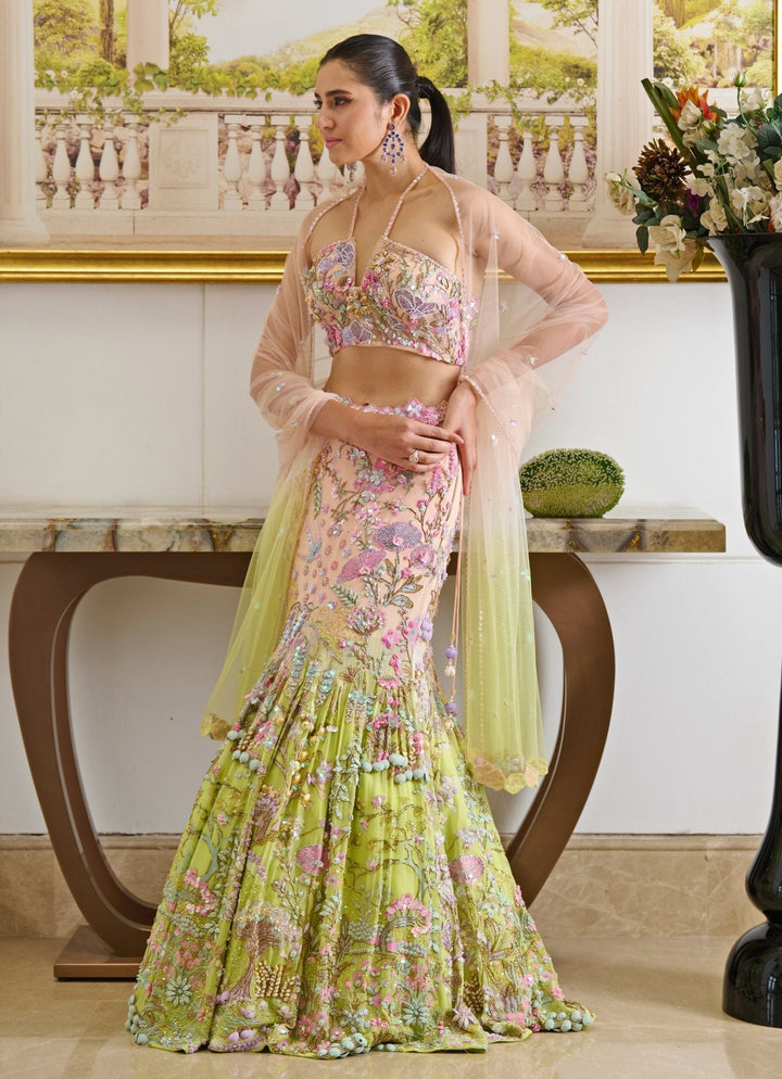 Pink And Green Ombre Embroidered Mermaid Lehenga Set Moledro - Fabilicious Fashion
