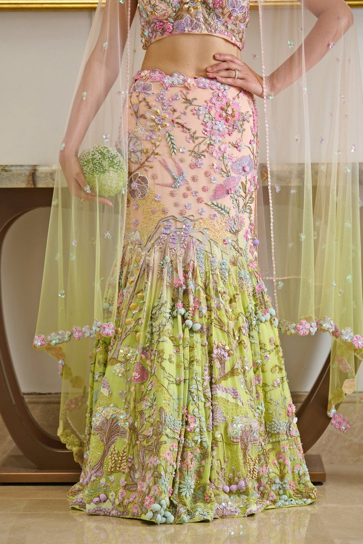 Pink And Green Ombre Embroidered Mermaid Lehenga Set Moledro - Fabilicious Fashion