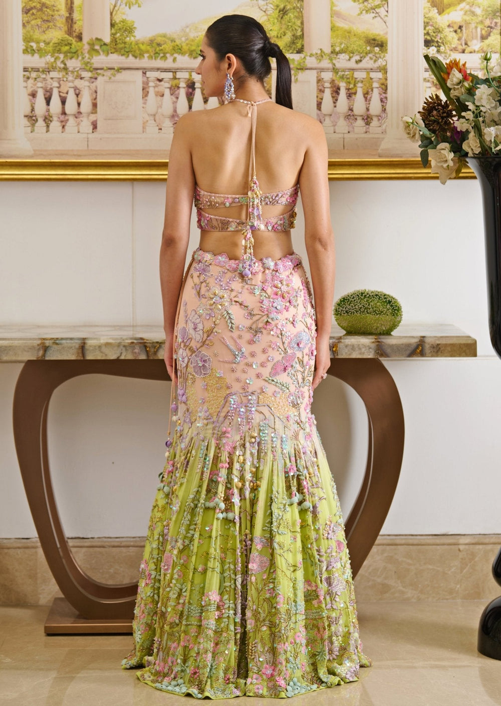 Pink And Green Ombre Embroidered Mermaid Lehenga Set Moledro - Fabilicious Fashion